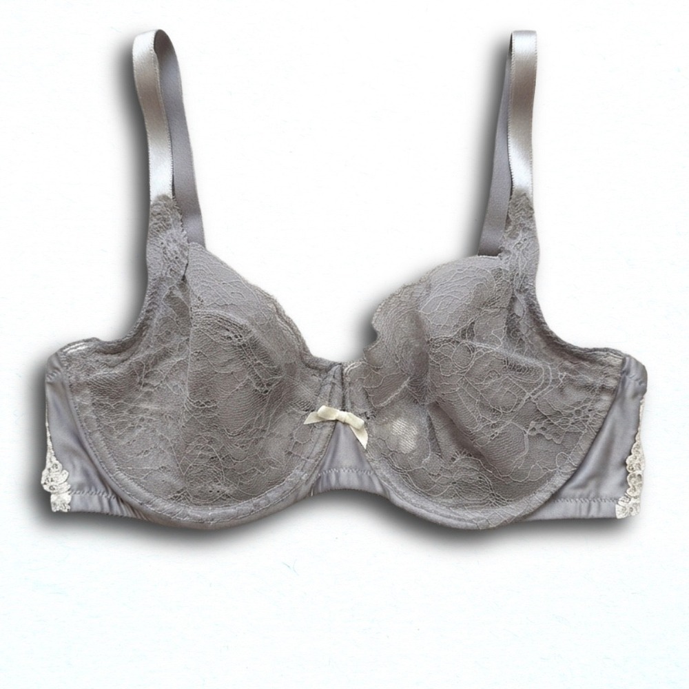 Gilligan & O'Malley Grey Lace Unlined Underwire Bra 38D Floral Trim Bow Detail